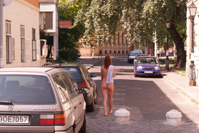 Daring babe walks around in public naked photo 9