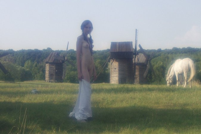 Sexy babe is walking with the horse photo 5