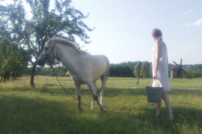 Sexy babe is walking with the horse photo 16