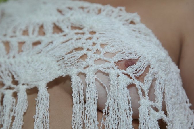 Nude sweetie in shawl goes for a walk in the forest. photo 11
