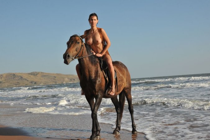 Brunette gal posing with her horse photo 14