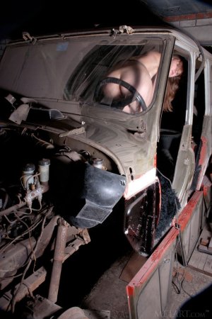 Teen model makes erotic photo session in car workshop photo 16